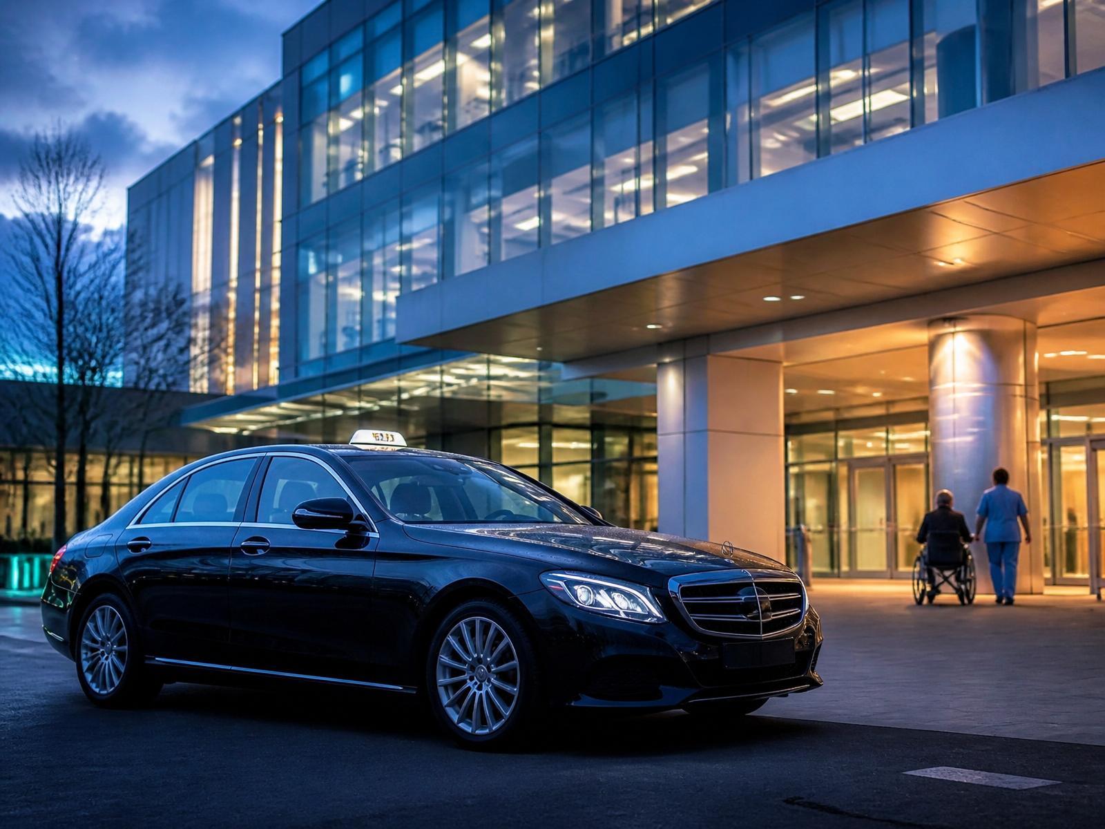 Taxi conventionné CPAM devant l'entrée principale d'un hôpital moderne
